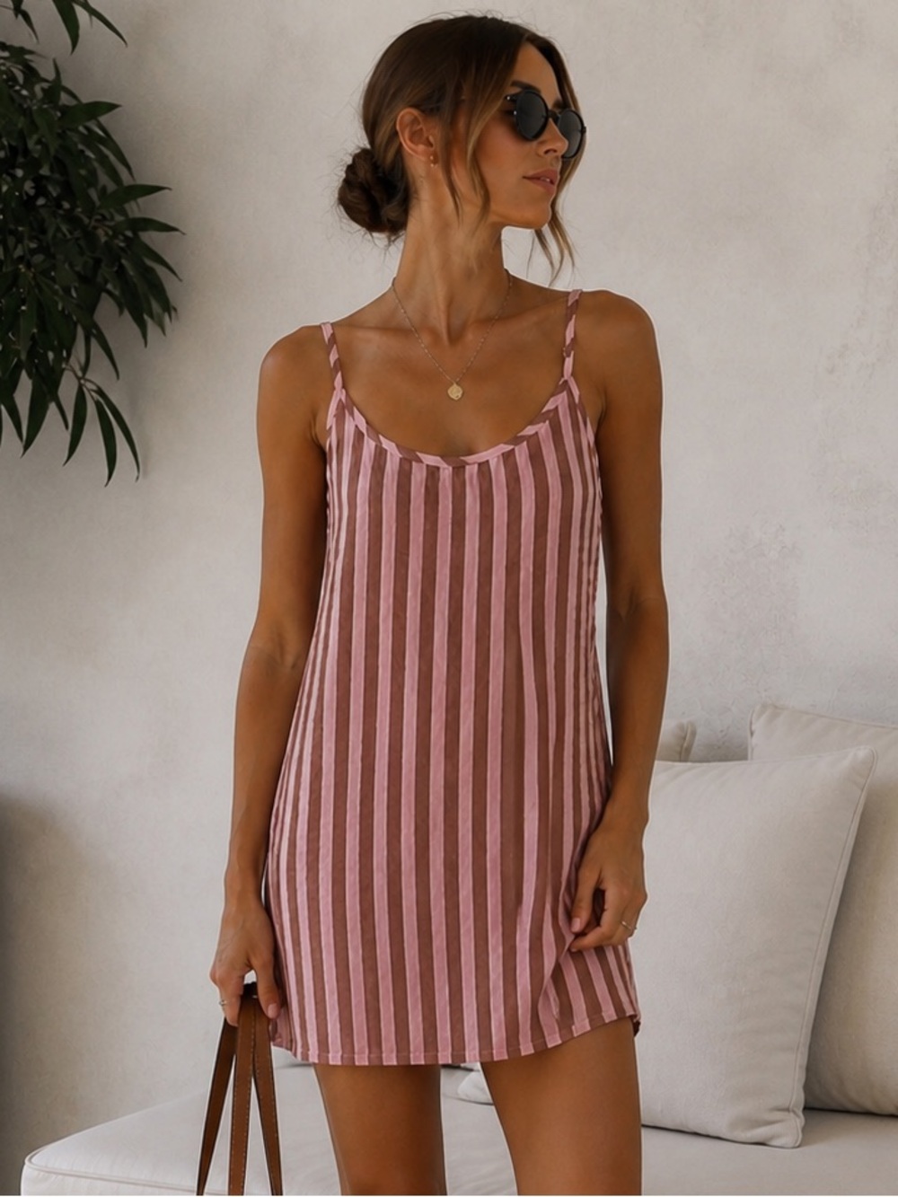 Mosey Me Pink & Brown Striped Cotton Slip Dress | Adjustable Straps L/XL